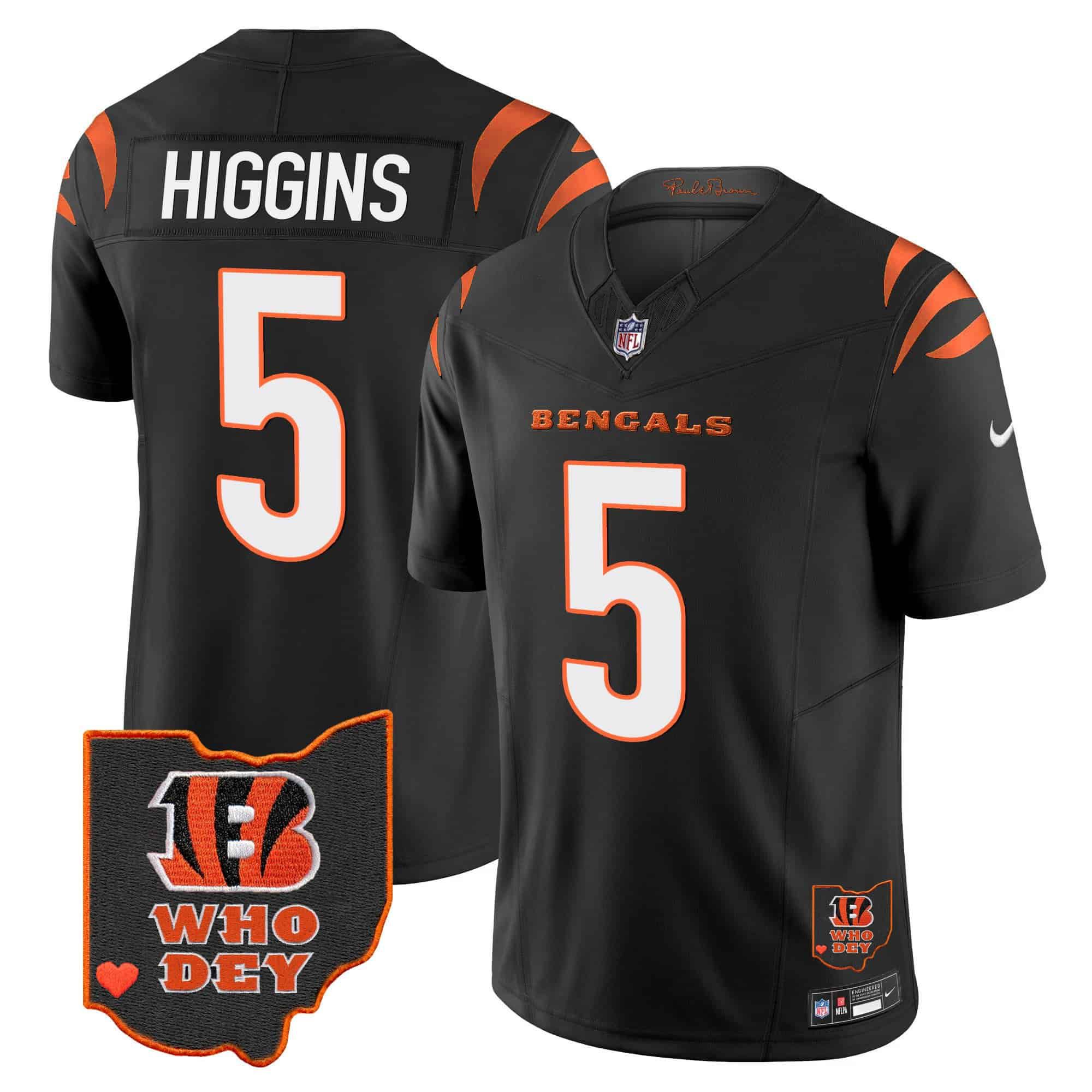 Men Cincinnati Bengals #5 Higgins Black 2024 Nike Patch Vapor Limited NFL Jersey style 1